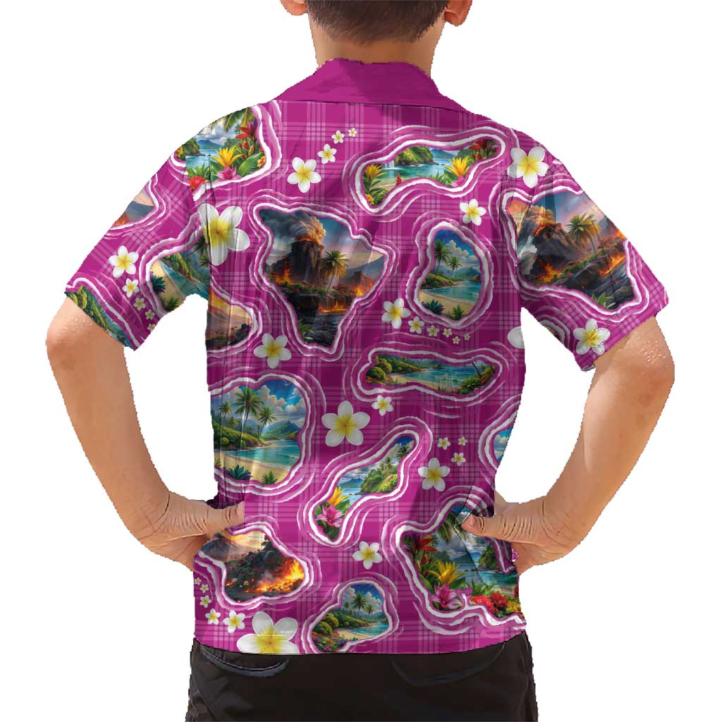 Hawaiian Island Shapes-Iconic Landscape Family Matching Summer Maxi Dress and Hawaiian Shirt with Plumeria and Palaka Pink Color