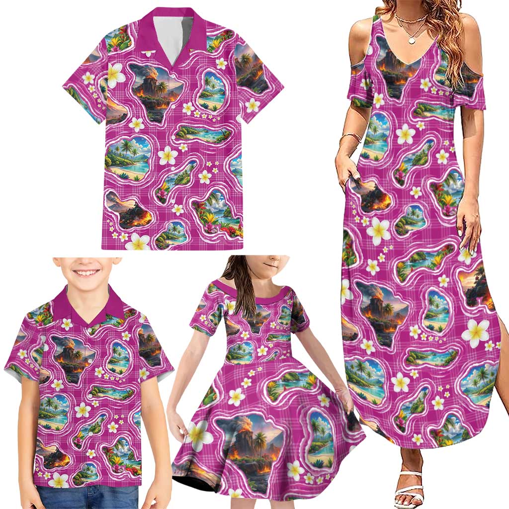 Hawaiian Island Shapes-Iconic Landscape Family Matching Summer Maxi Dress and Hawaiian Shirt with Plumeria and Palaka Pink Color