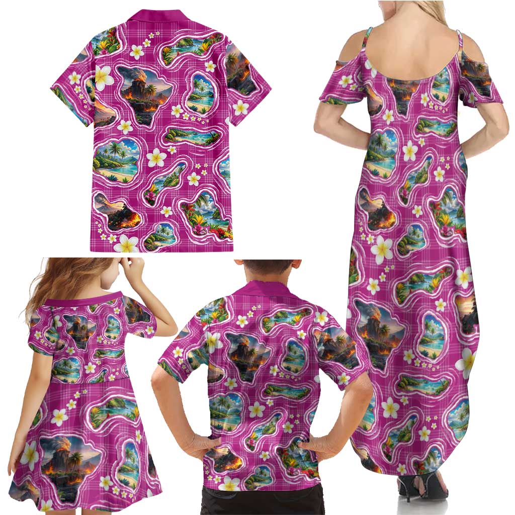 Hawaiian Island Shapes-Iconic Landscape Family Matching Summer Maxi Dress and Hawaiian Shirt with Plumeria and Palaka Pink Color