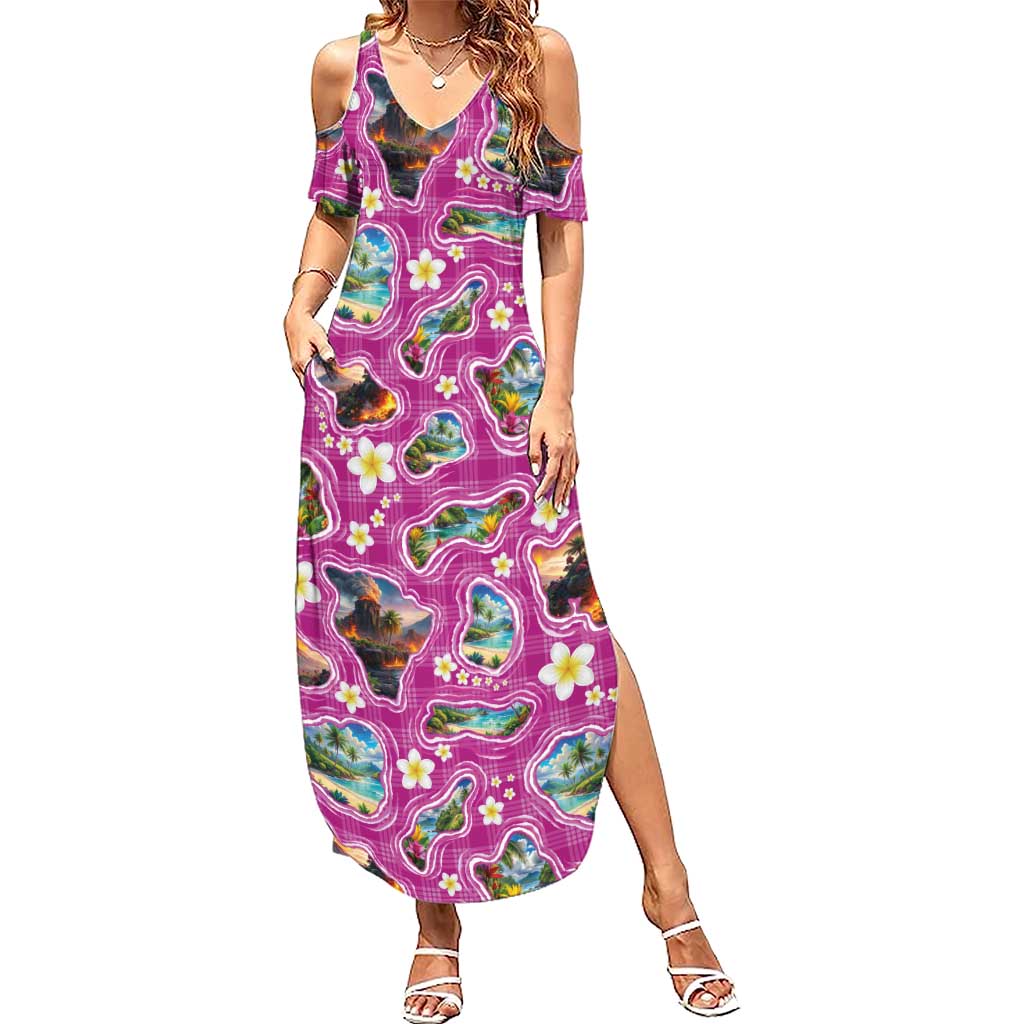 Hawaiian Island Shapes-Iconic Landscape Family Matching Summer Maxi Dress and Hawaiian Shirt with Plumeria and Palaka Pink Color