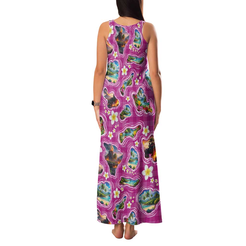 Hawaiian Island Shapes-Iconic Landscape Family Matching Tank Maxi Dress and Hawaiian Shirt with Plumeria and Palaka Pink Color