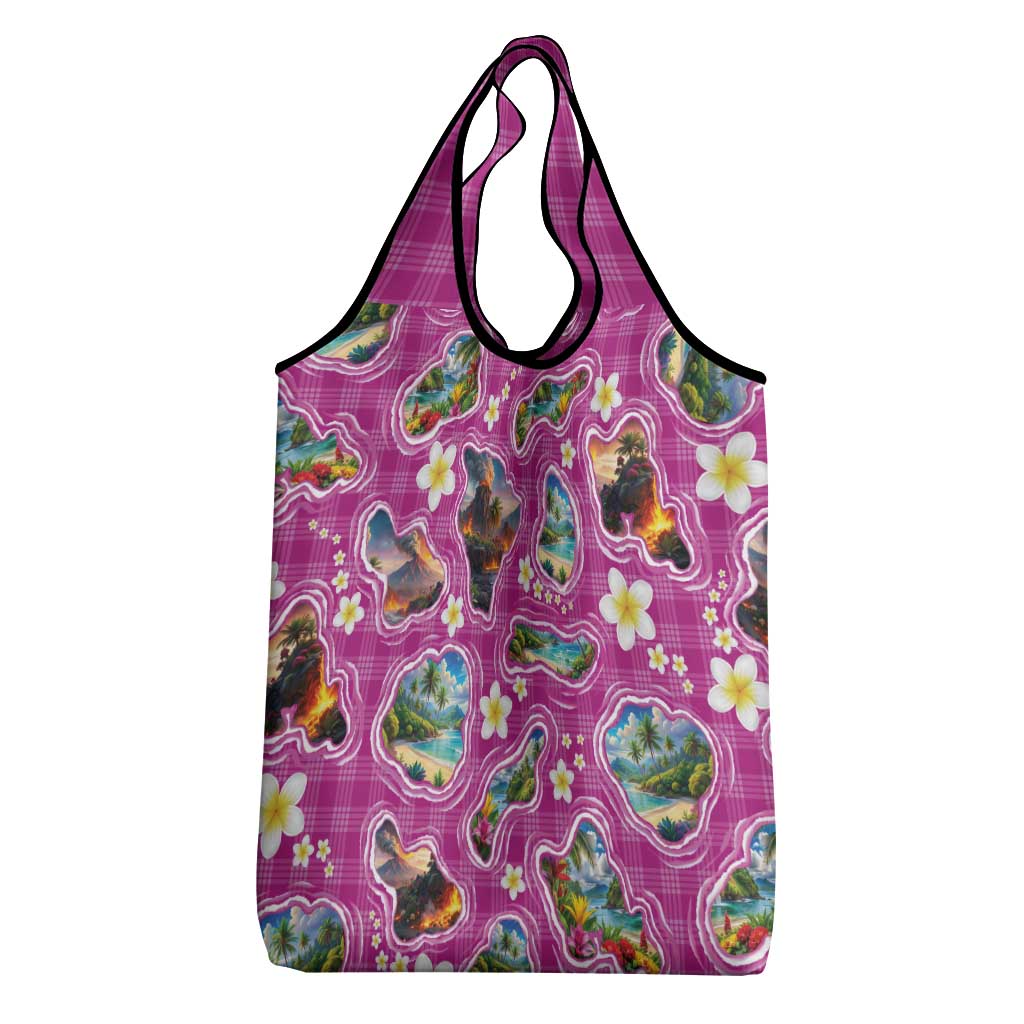 Hawaiian Island Shapes-Iconic Landscape Grocery Bag with Plumeria and Palaka Pink Color