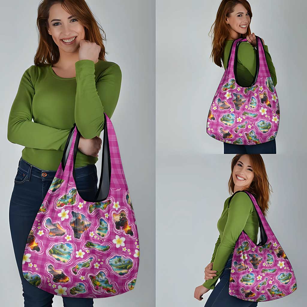 Hawaiian Island Shapes-Iconic Landscape Grocery Bag with Plumeria and Palaka Pink Color