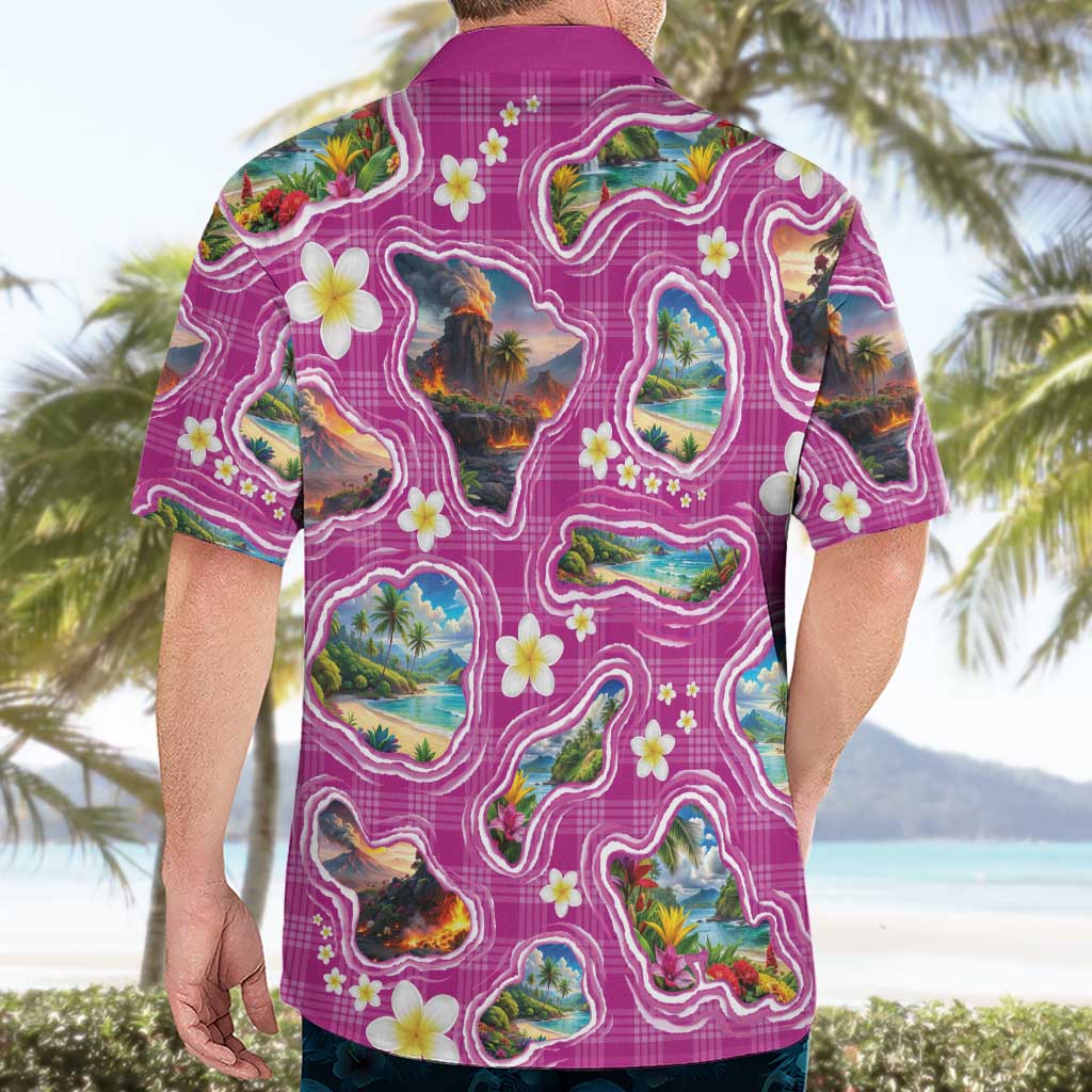 Hawaiian Island Shapes-Iconic Landscape Hawaiian Shirt with Plumeria and Palaka Pink Color