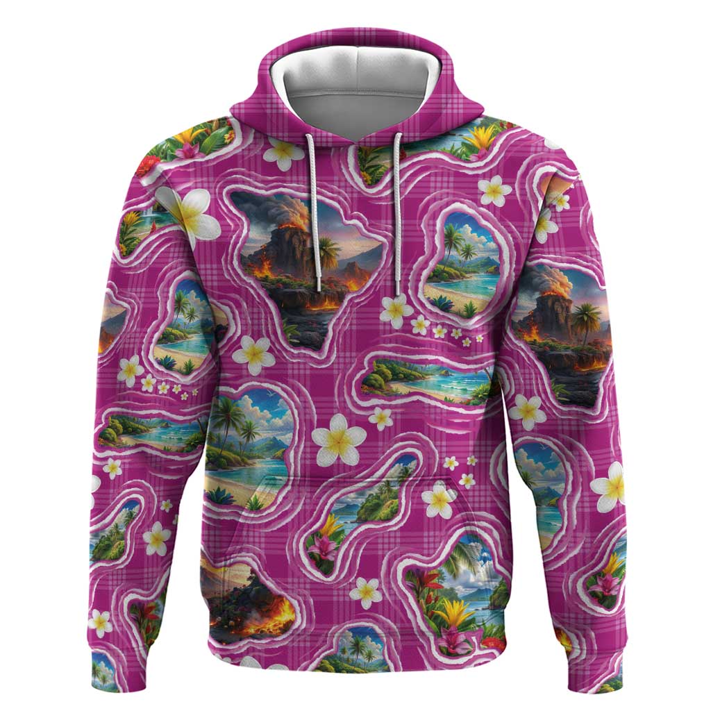 Hawaiian Island Shapes-Iconic Landscape Hoodie with Plumeria and Palaka Pink Color