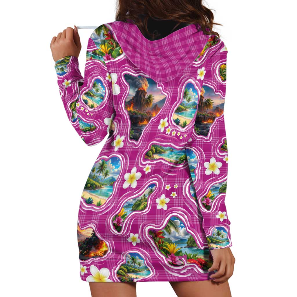 Hawaiian Island Shapes-Iconic Landscape Hoodie Dress with Plumeria and Palaka Pink Color