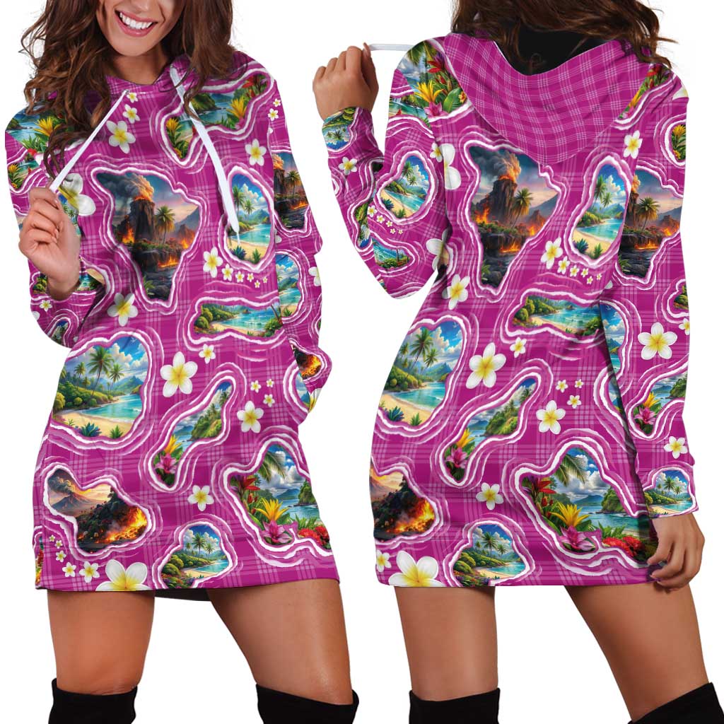 Hawaiian Island Shapes-Iconic Landscape Hoodie Dress with Plumeria and Palaka Pink Color