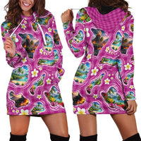 Hawaiian Island Shapes-Iconic Landscape Hoodie Dress with Plumeria and Palaka Pink Color
