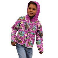 Hawaiian Island Shapes-Iconic Landscape Kid Hoodie with Plumeria and Palaka Pink Color