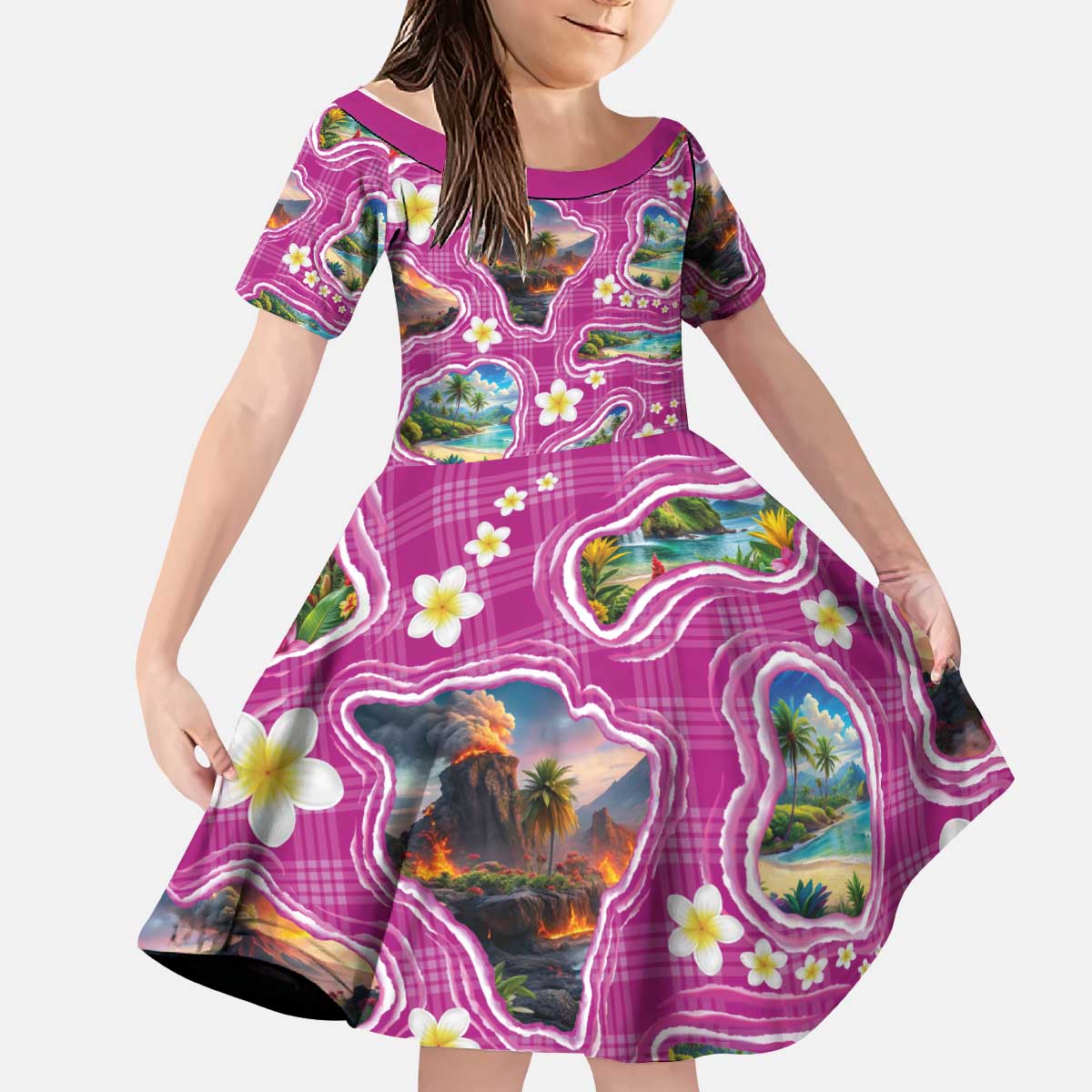 Hawaiian Island Shapes-Iconic Landscape Kid Short Sleeve Dress with Plumeria and Palaka Pink Color