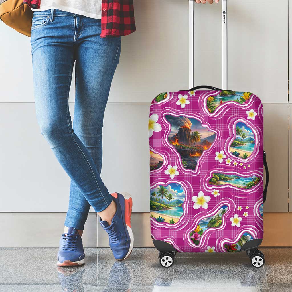 Hawaiian Island Shapes-Iconic Landscape Luggage Cover with Plumeria and Palaka Pink Color