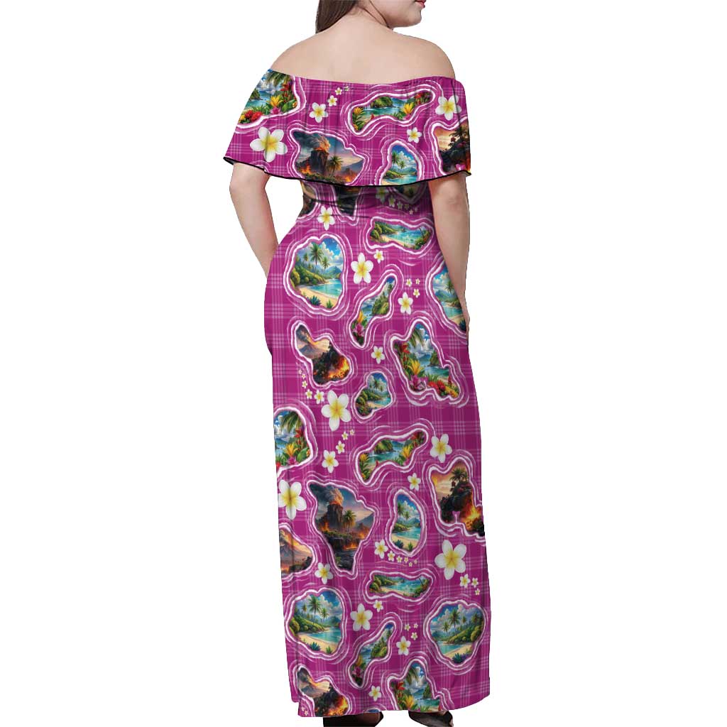 Hawaiian Island Shapes-Iconic Landscape Off Shoulder Maxi Dress with Plumeria and Palaka Pink Color