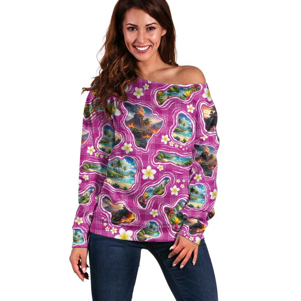 Hawaiian Island Shapes-Iconic Landscape Off Shoulder Sweater with Plumeria and Palaka Pink Color