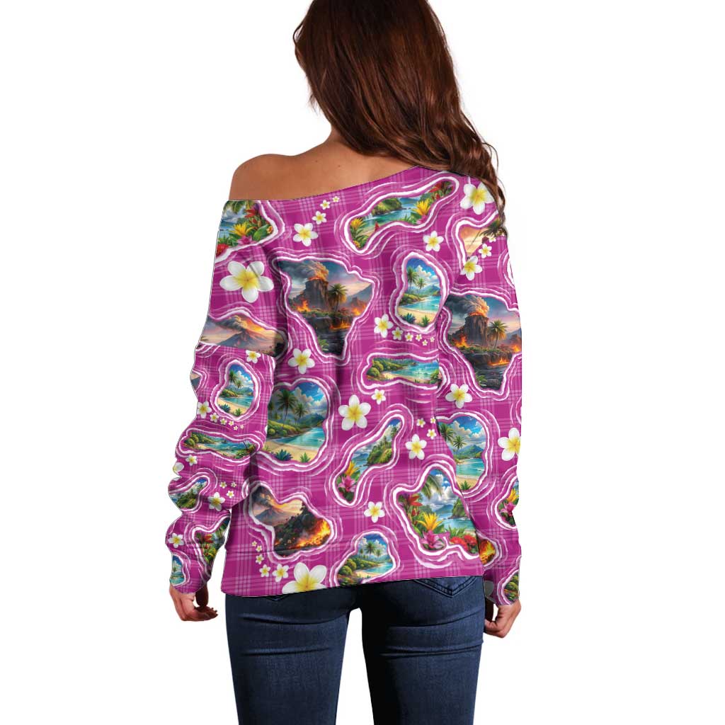 Hawaiian Island Shapes-Iconic Landscape Off Shoulder Sweater with Plumeria and Palaka Pink Color