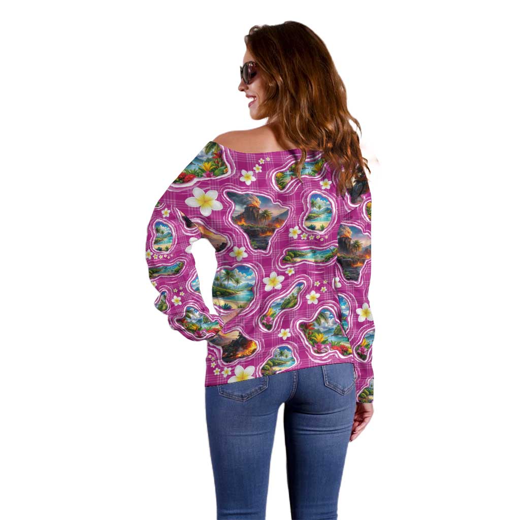Hawaiian Island Shapes-Iconic Landscape Off Shoulder Sweater with Plumeria and Palaka Pink Color