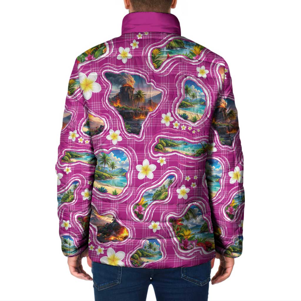 Hawaiian Island Shapes-Iconic Landscape Padded Jacket with Plumeria and Palaka Pink Color