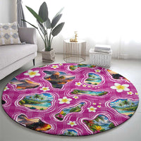 Hawaiian Island Shapes-Iconic Landscape Round Carpet with Plumeria and Palaka Pink Color LT03 - Polynesian Pride
