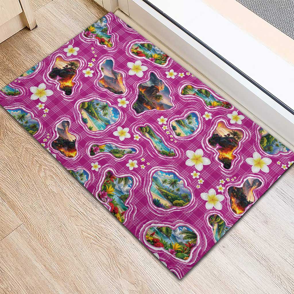 Hawaiian Island Shapes-Iconic Landscape Rubber Doormat with Plumeria and Palaka Pink Color