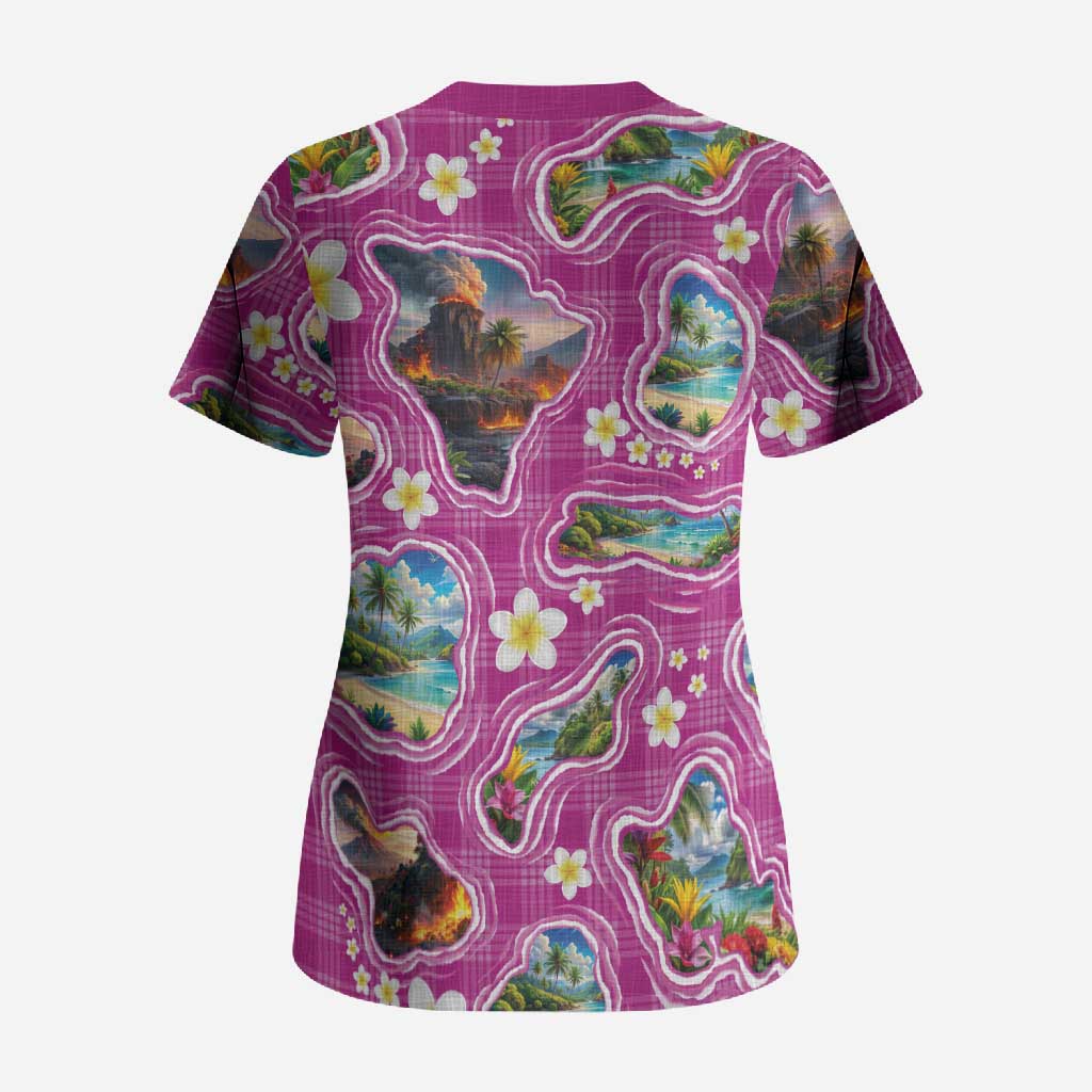 Hawaiian Island Shapes-Iconic Landscape Scrub Top with Plumeria and Palaka Pink Color