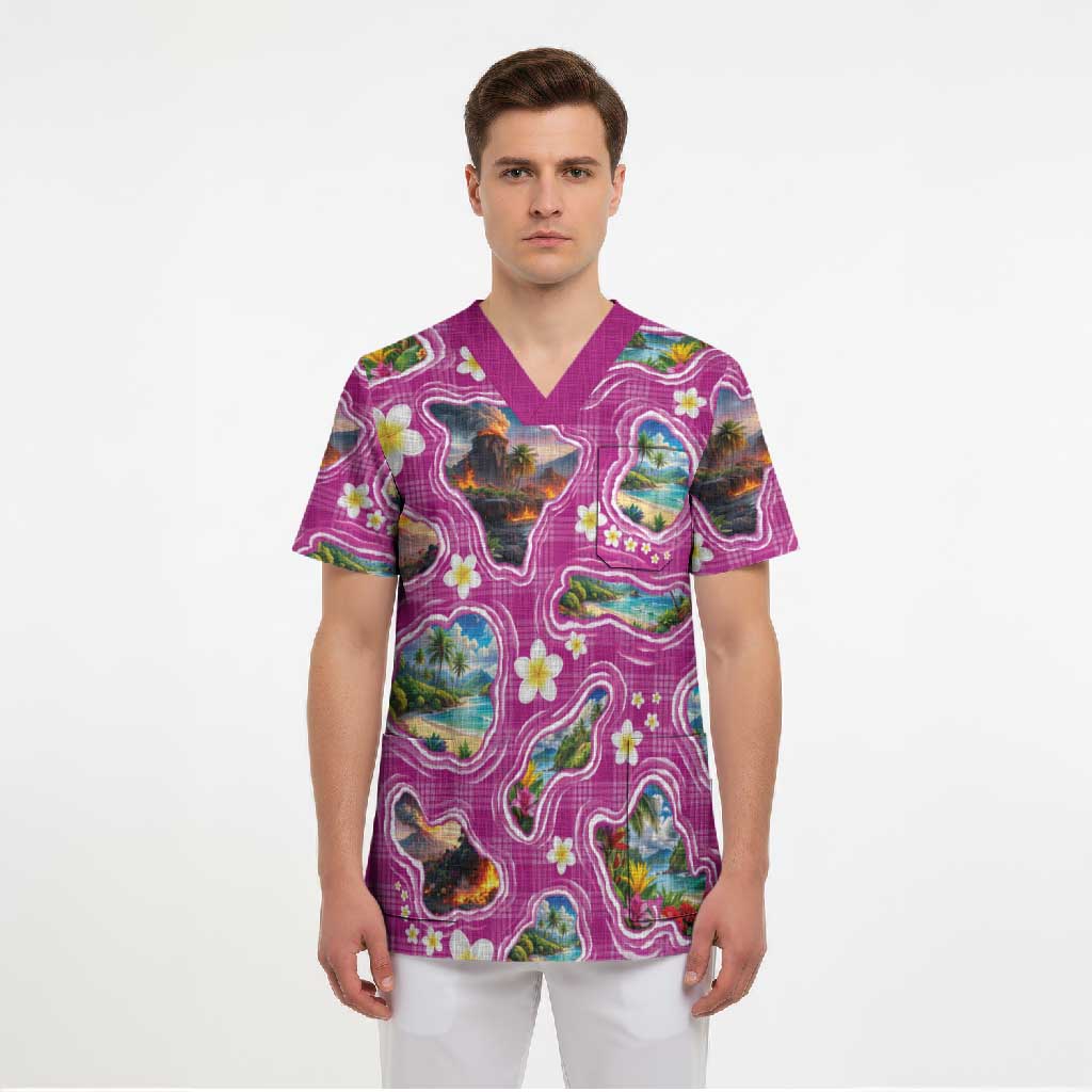 Hawaiian Island Shapes-Iconic Landscape Scrub Top with Plumeria and Palaka Pink Color