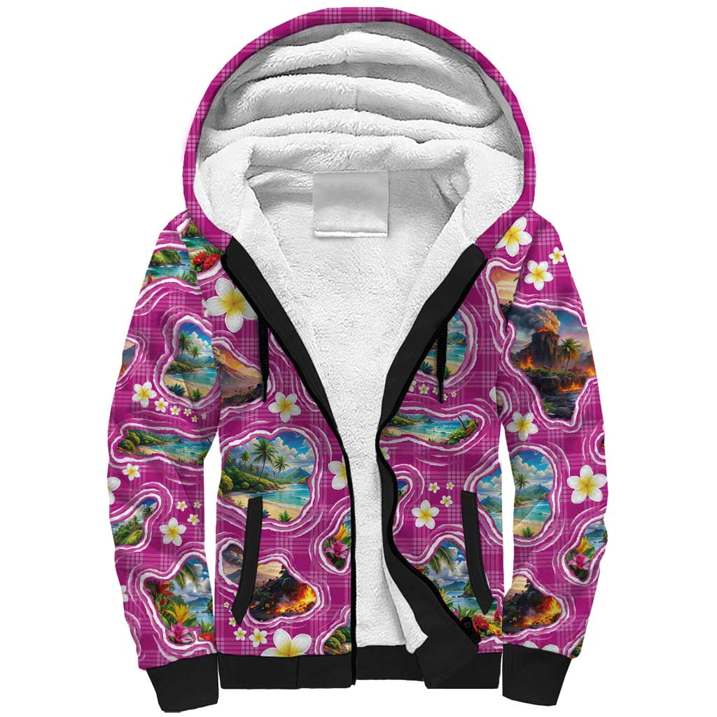 Hawaiian Island Shapes-Iconic Landscape Sherpa Hoodie with Plumeria and Palaka Pink Color