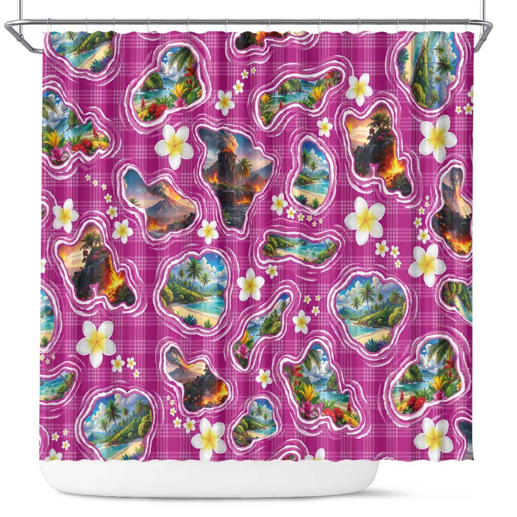 Hawaiian Island Shapes-Iconic Landscape Shower Curtain with Plumeria and Palaka Pink Color