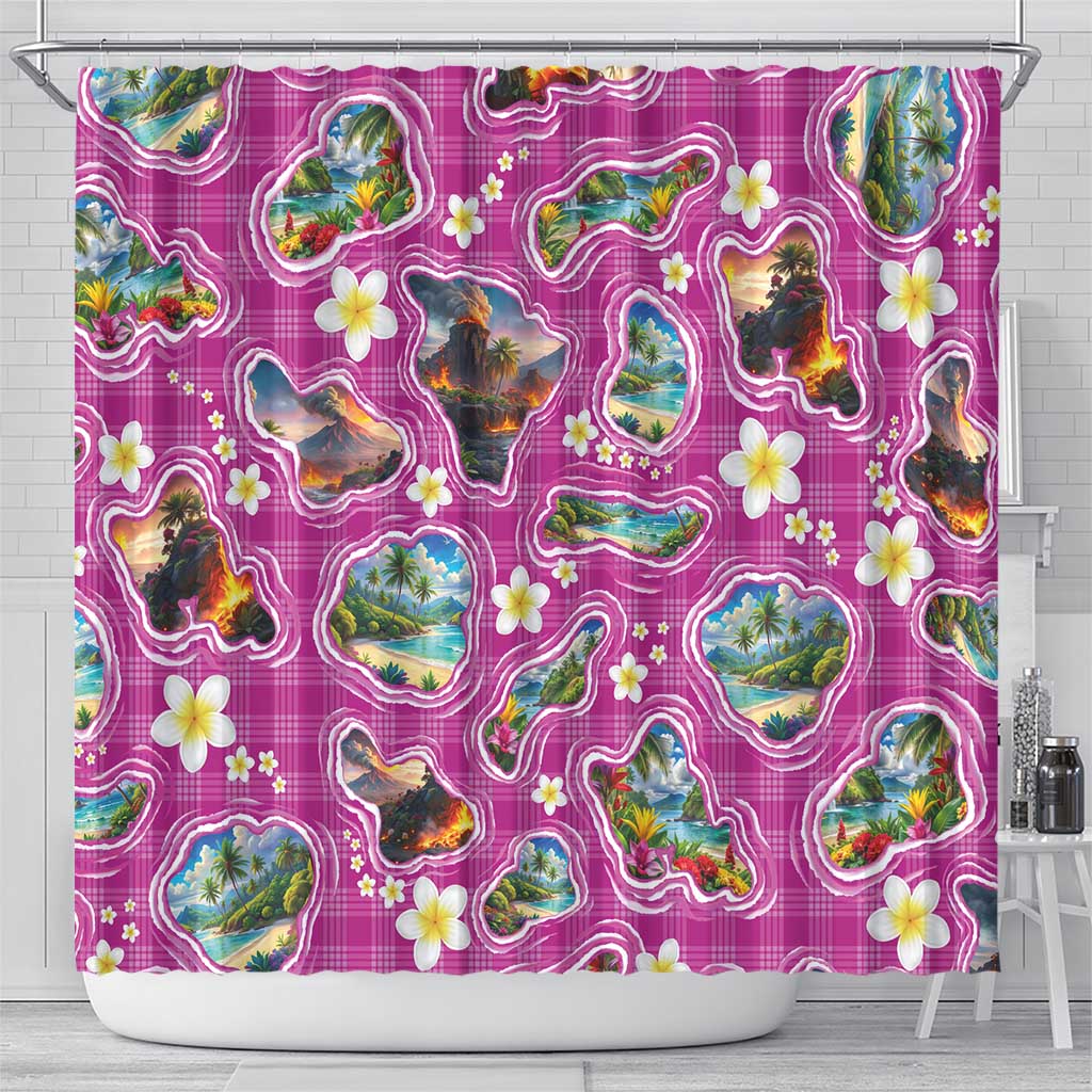 Hawaiian Island Shapes-Iconic Landscape Shower Curtain with Plumeria and Palaka Pink Color