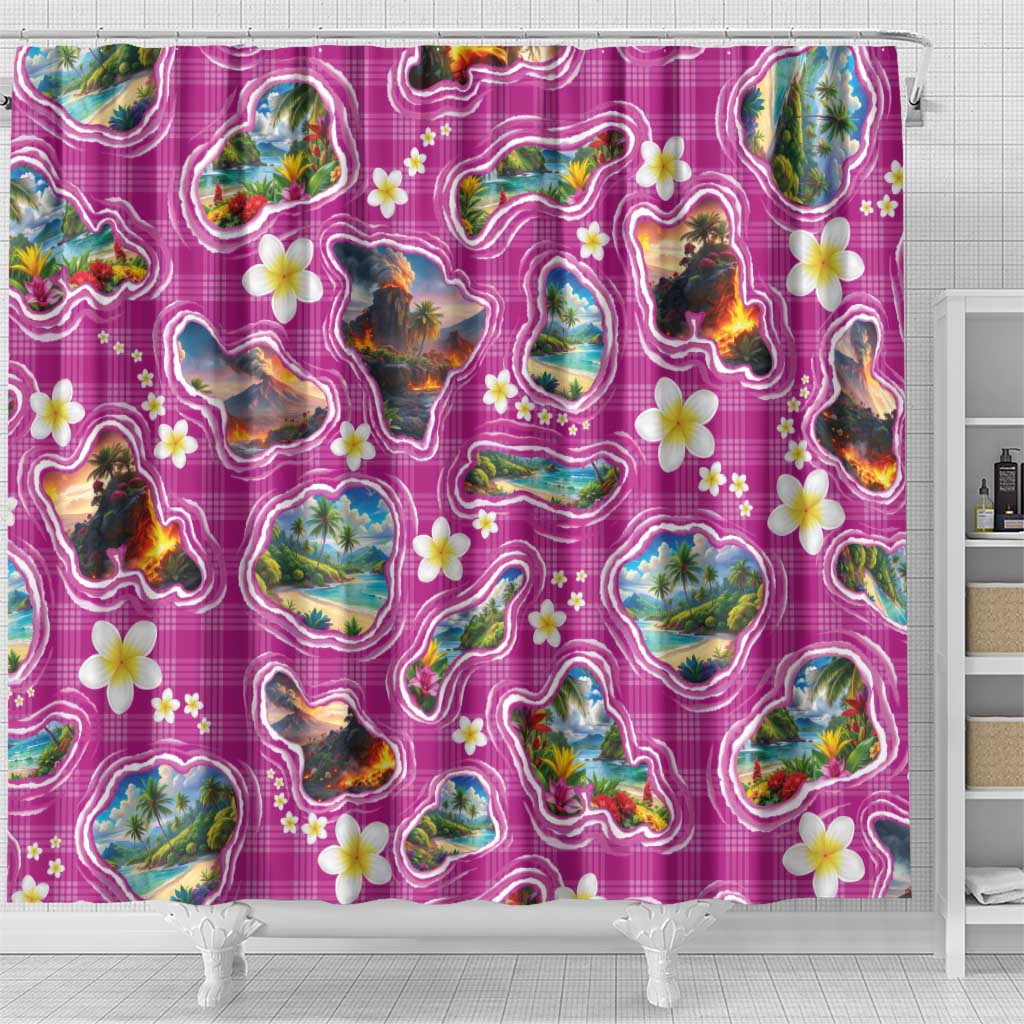 Hawaiian Island Shapes-Iconic Landscape Shower Curtain with Plumeria and Palaka Pink Color