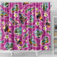 Hawaiian Island Shapes-Iconic Landscape Shower Curtain with Plumeria and Palaka Pink Color
