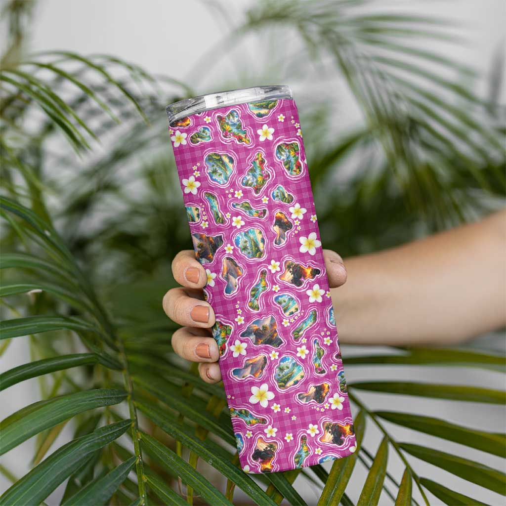 Hawaiian Island Shapes-Iconic Landscape Skinny Tumbler with Plumeria and Palaka Pink Color