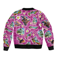 Hawaiian Island Shapes-Iconic Landscape Sleeve Zip Bomber Jacket with Plumeria and Palaka Pink Color