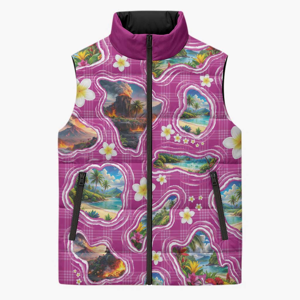 Hawaiian Island Shapes-Iconic Landscape Sleeveless Puffer Jacket with Plumeria and Palaka Pink Color LT03 Unisex Pink - Polynesian Pride