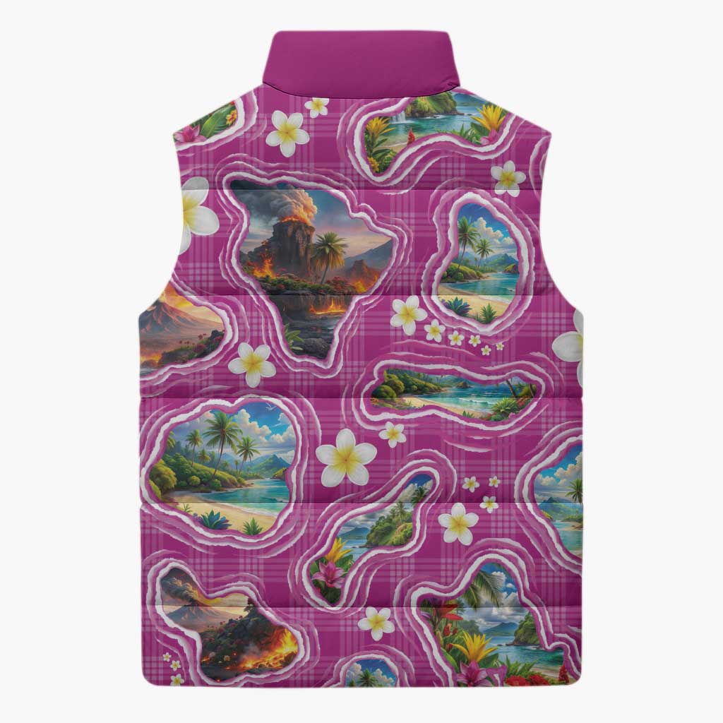 Hawaiian Island Shapes-Iconic Landscape Sleeveless Puffer Jacket with Plumeria and Palaka Pink Color LT03 - Polynesian Pride