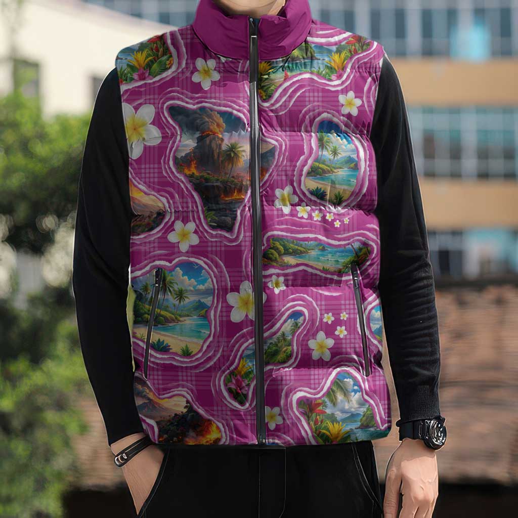 Hawaiian Island Shapes-Iconic Landscape Sleeveless Puffer Jacket with Plumeria and Palaka Pink Color LT03 - Polynesian Pride