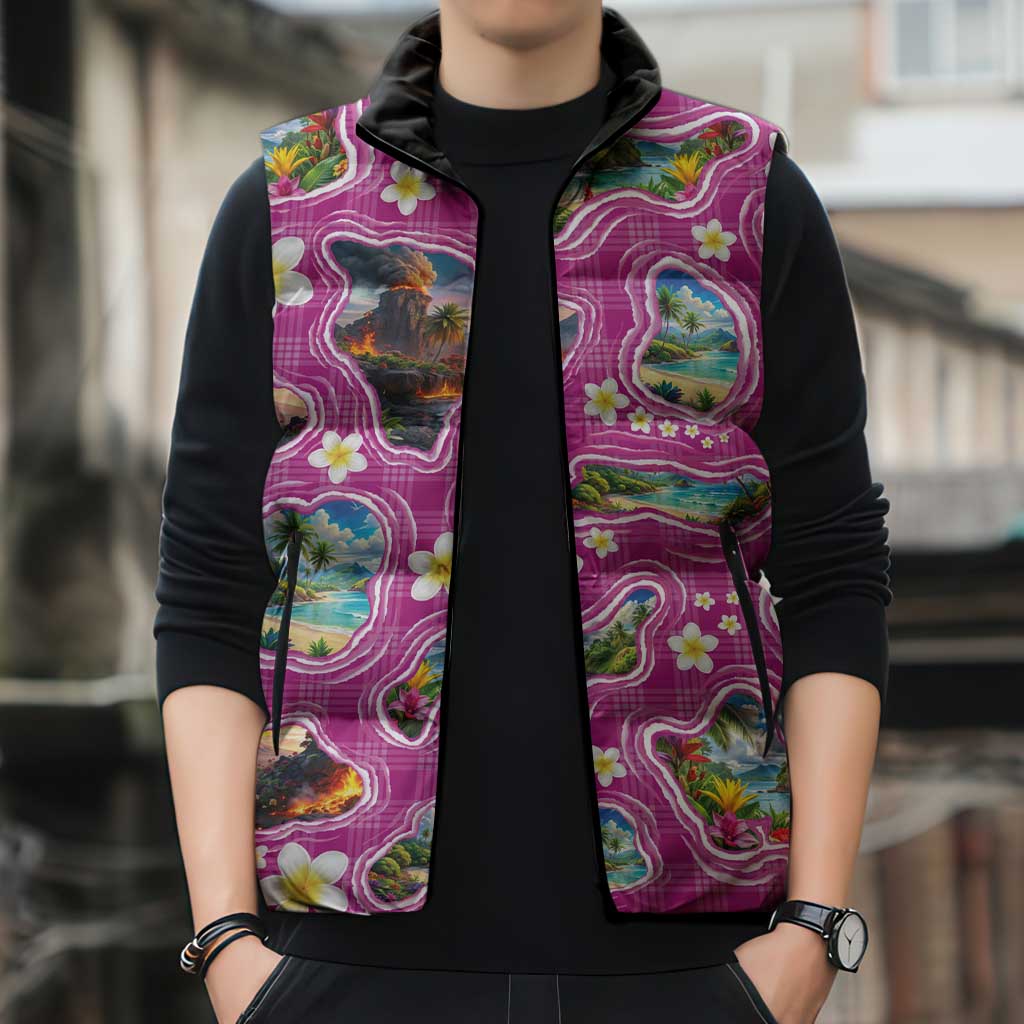 Hawaiian Island Shapes-Iconic Landscape Sleeveless Puffer Jacket with Plumeria and Palaka Pink Color LT03 - Polynesian Pride