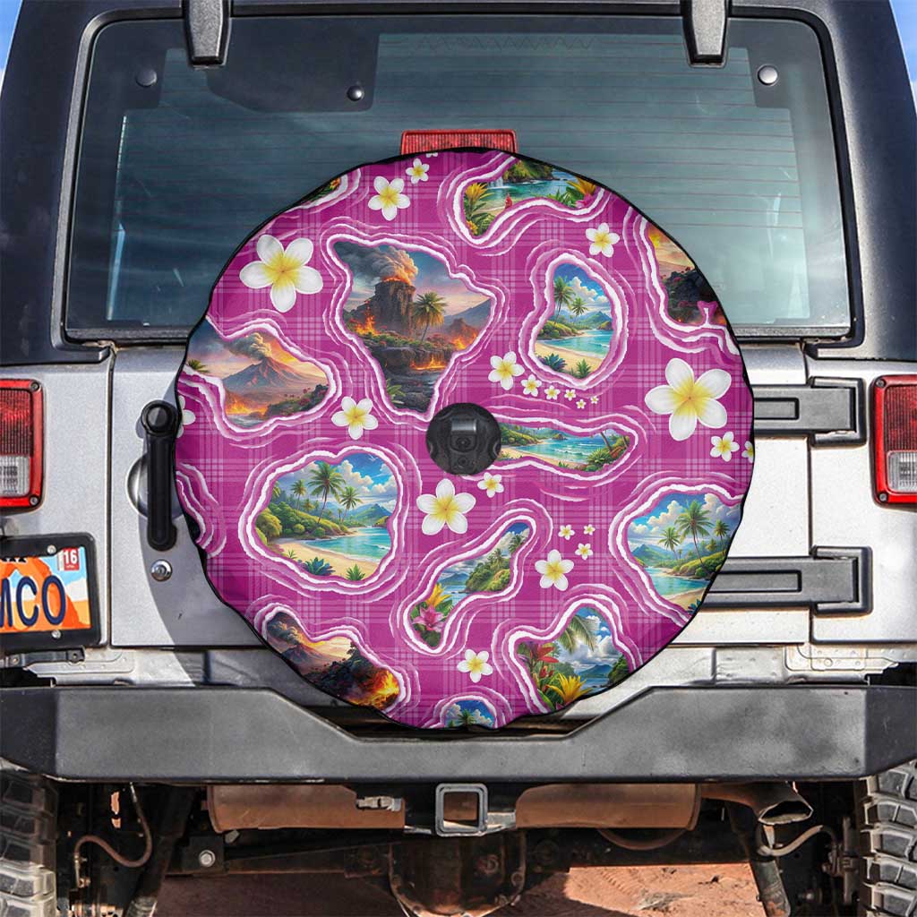 Hawaiian Island Shapes-Iconic Landscape Spare Tire Cover with Plumeria and Palaka Pink Color
