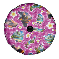 Hawaiian Island Shapes-Iconic Landscape Spare Tire Cover with Plumeria and Palaka Pink Color