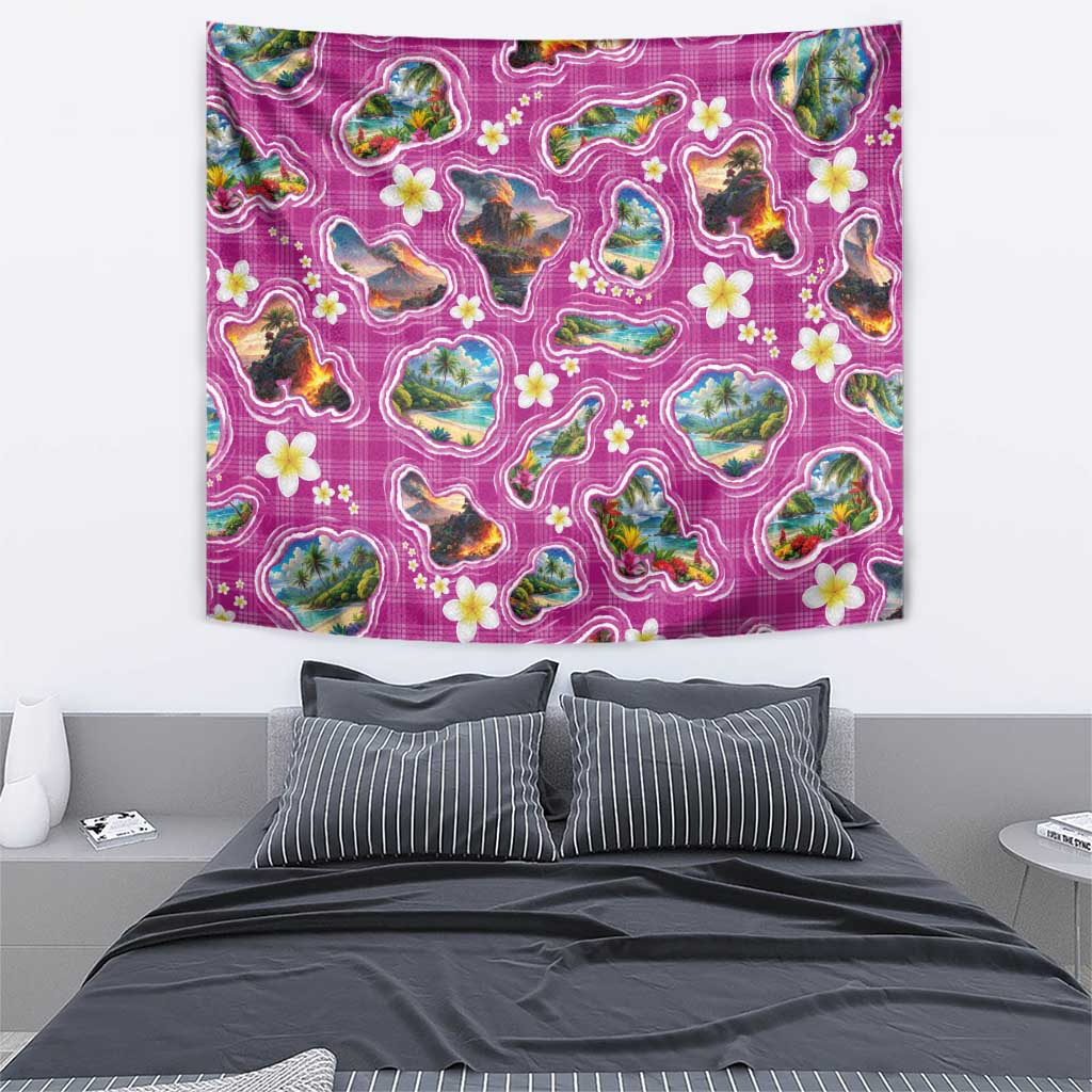 Hawaiian Island Shapes-Iconic Landscape Tapestry with Plumeria and Palaka Pink Color