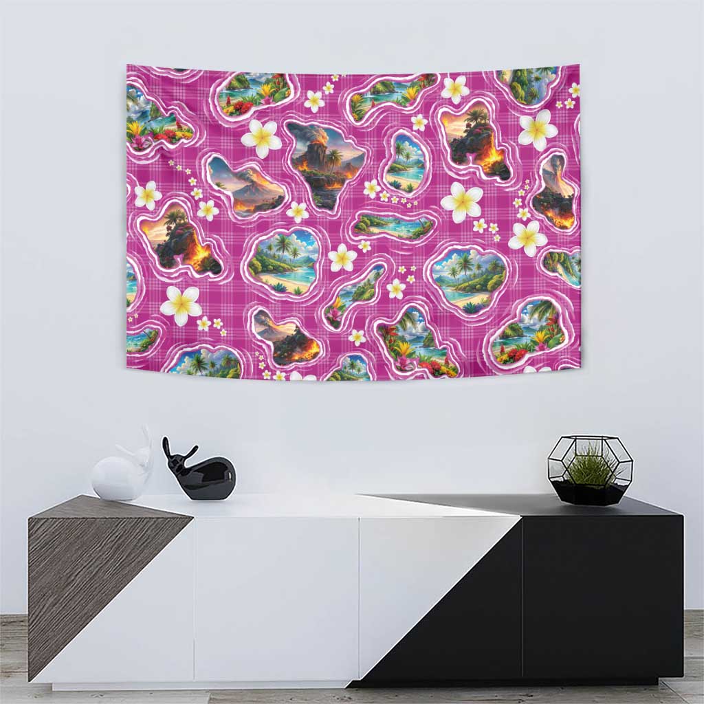 Hawaiian Island Shapes-Iconic Landscape Tapestry with Plumeria and Palaka Pink Color