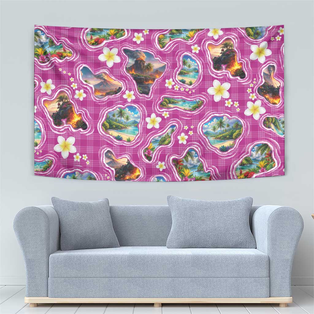 Hawaiian Island Shapes-Iconic Landscape Tapestry with Plumeria and Palaka Pink Color