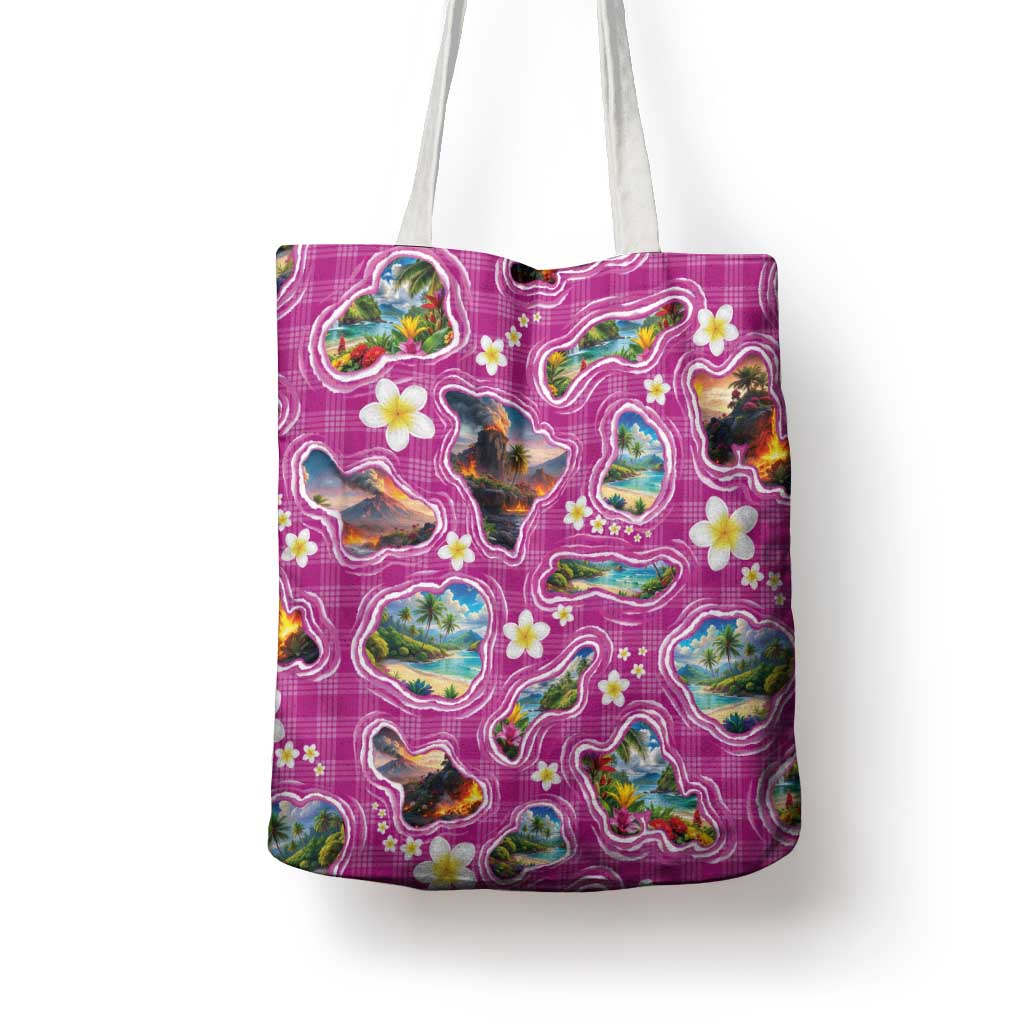 Hawaiian Island Shapes-Iconic Landscape Tote Bag with Plumeria and Palaka Pink Color
