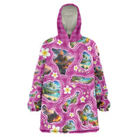 Hawaiian Island Shapes-Iconic Landscape Wearable Blanket Hoodie with Plumeria and Palaka Pink Color