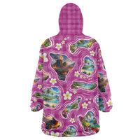 Hawaiian Island Shapes-Iconic Landscape Wearable Blanket Hoodie with Plumeria and Palaka Pink Color
