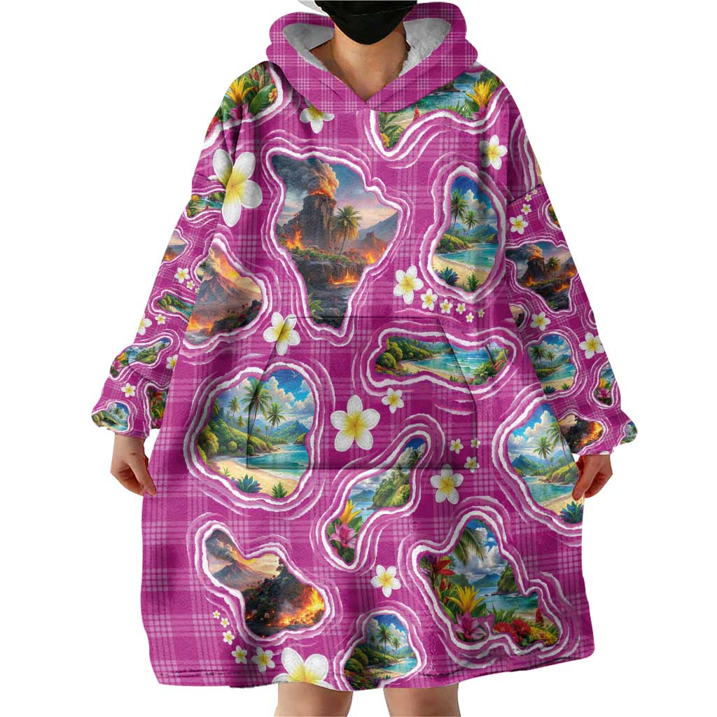 Hawaiian Island Shapes-Iconic Landscape Wearable Blanket Hoodie with Plumeria and Palaka Pink Color
