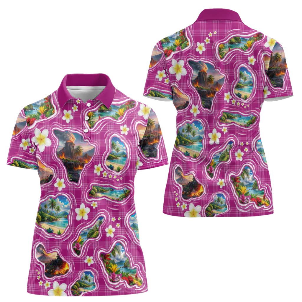 Hawaiian Island Shapes-Iconic Landscape Women Polo Shirt with Plumeria and Palaka Pink Color