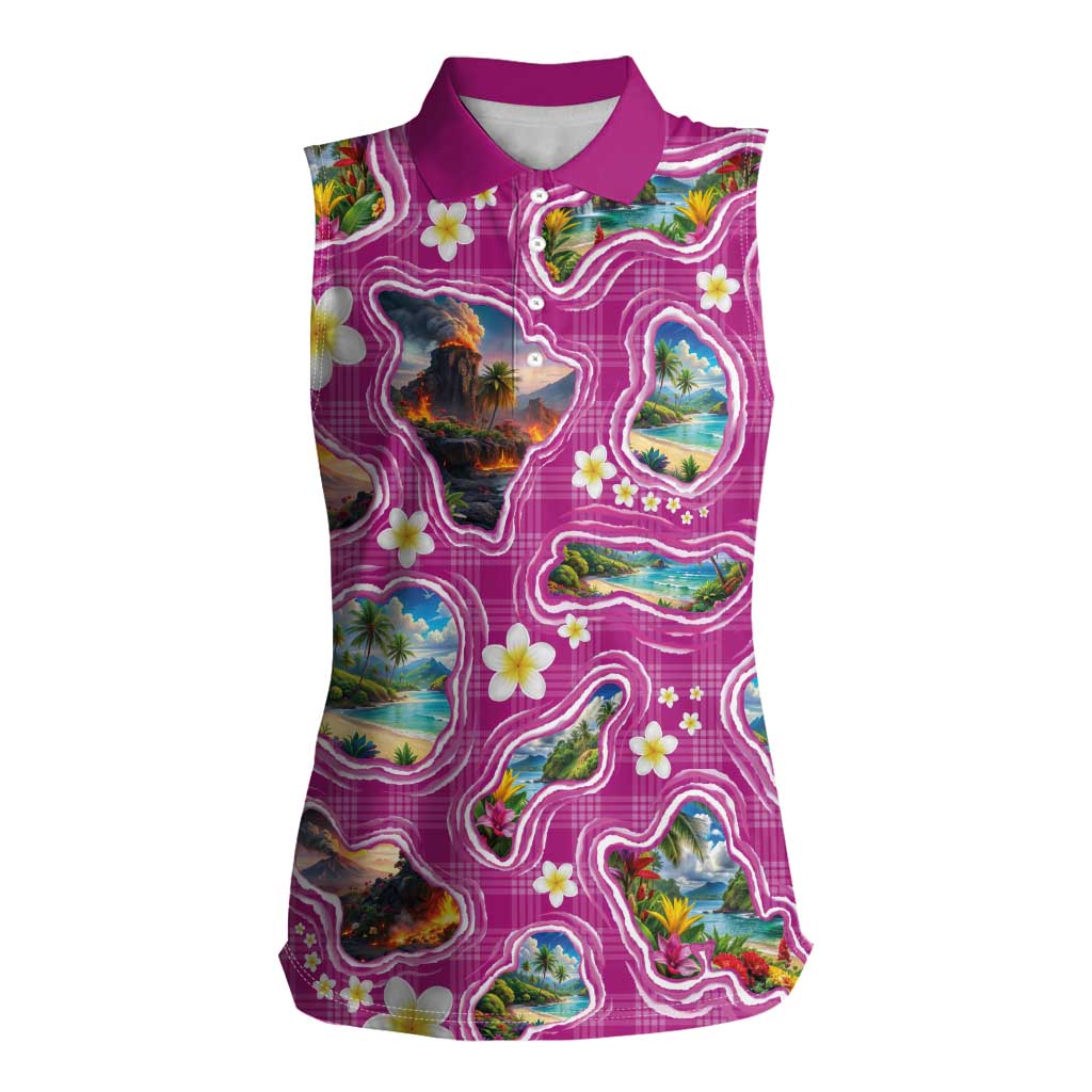 Hawaiian Island Shapes-Iconic Landscape Women Sleeveless Polo Shirt with Plumeria and Palaka Pink Color