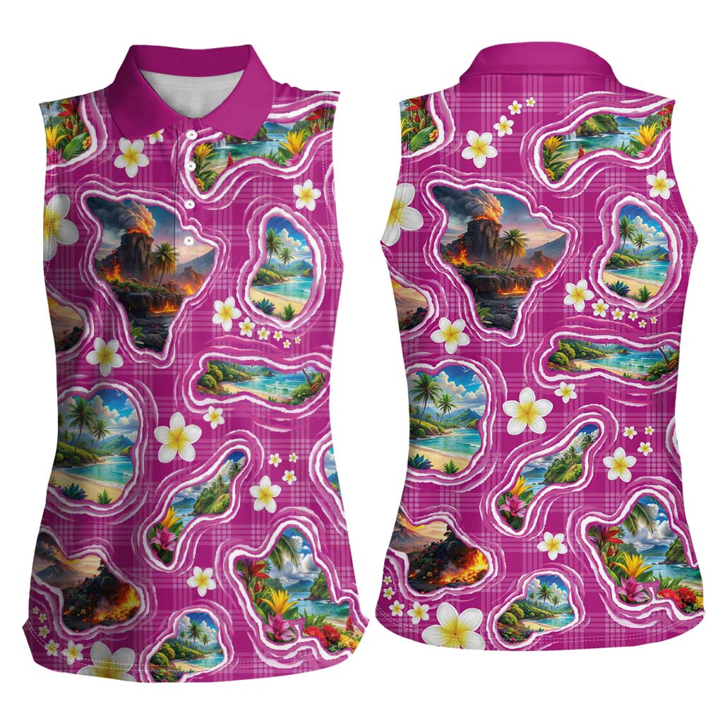 Hawaiian Island Shapes-Iconic Landscape Women Sleeveless Polo Shirt with Plumeria and Palaka Pink Color