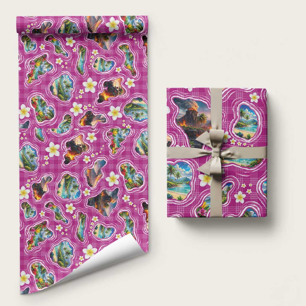 Hawaiian Island Shapes-Iconic Landscape Wrapping Paper with Plumeria and Palaka Pink Color
