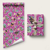 Hawaiian Island Shapes-Iconic Landscape Wrapping Paper with Plumeria and Palaka Pink Color LT03 58" × 23" Pink - Polynesian Pride