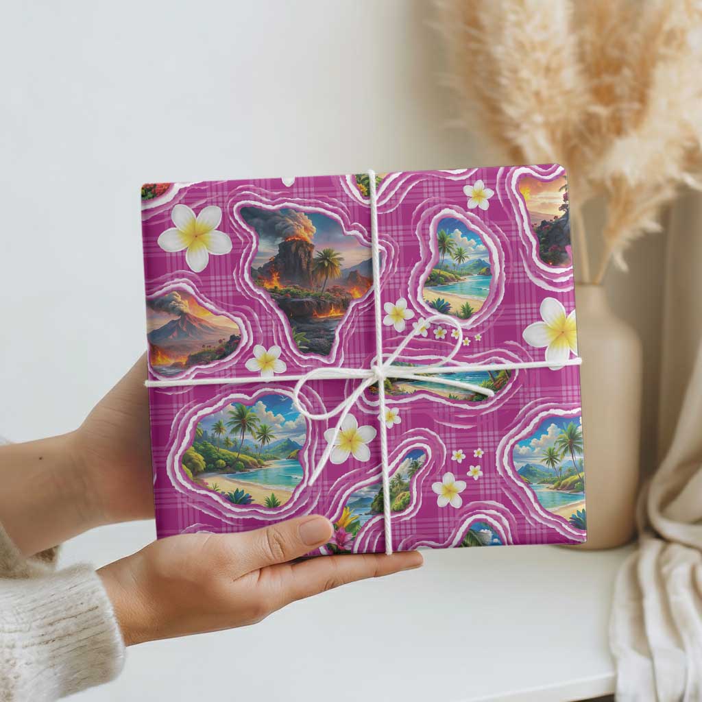 Hawaiian Island Shapes-Iconic Landscape Wrapping Paper with Plumeria and Palaka Pink Color LT03 - Polynesian Pride